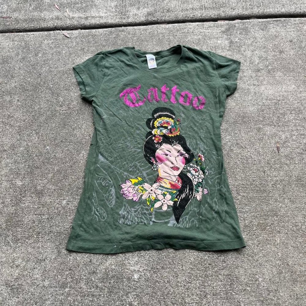 Y2K Womens Ed Hardy Rhinestone Japanese Girl Tee